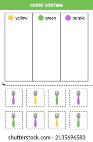 Farbsortierung für Kinder. Sortieren Sie Gabel nach Farben. Lehrblatt.