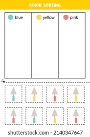 Color sorting for kids. Sort garden trowels by colors. Educational worksheet.