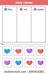 Ordenación de colores para los niños. Ordenar corazones por colores. Hoja de trabajo educativa.