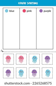 Color sorting for kids. Sort jelly fish by colors. Educational worksheet.