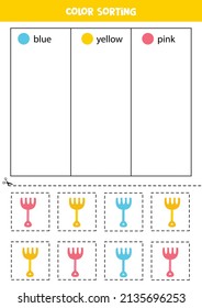 Color sorting for kids. Sort rakes by colors. Educational worksheet.