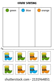 Color sorting for kids. Sort Saint Patrick day boot by colors. Educational worksheet.