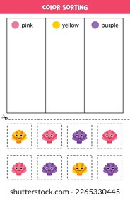 Color sorting for kids. Sort seashells by colors. Educational worksheet.