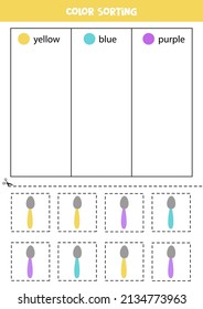 Color sorting for kids. Sort spoons by colors. Educational worksheet.