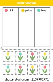 Ordenación de colores para los niños. Ordenar tulipanes por colores. Hoja de trabajo educativa.
