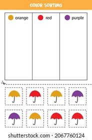 Ordenación de colores para los niños. Ordenar paraguas por colores. Hoja de trabajo educativa.