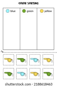 Color Sorting For Kids. Sort Whistles By Colors. Educational Worksheet.