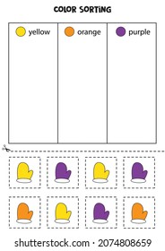 Ordenación de colores para los niños. Ordenar los guantes de invierno por colores. Hoja de trabajo educativa.
