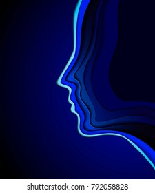 color of soul, inner emotional concept, blue colored human profile,  vector