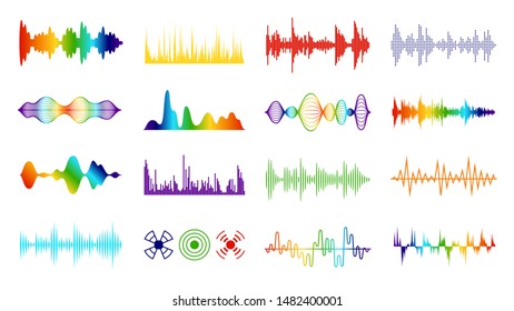 Color sound waves. Audio digital melody wave tracking meter on white background in equalizer symbol vector studio equipment radio frequency line set