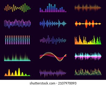 Color sound waves. Neon audio frequencies. Electronic music graphic elements. Digital equalizer diagrams or sonic spectrum visualization. Abstract chart. Vector