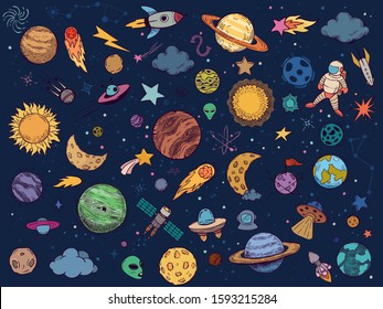 Color space doodle. Astrology planets, colorful space and hand drawn rocket vector illustration set. Cartoon style cosmic stickers pack. Celestial bodies, astronaut, spacecrafts, stars and UFO