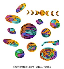 Color Space doodle set. Hand-drawn Planet, galaxy, moon isolated on white background. Astronomical object. Universe sketch sign. Astronomy, astrology, cosmos symbol. Vector science cute illustration