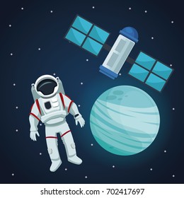 color space landscape background with astronaut and view neptune planet with satellite