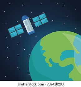 color space landscape background with satellite with view to earth planet