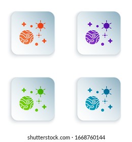 Color Space and planet icon isolated on white background. Planets surface with craters, stars and comets. Set colorful icons in square buttons. Vector Illustration