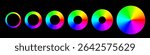 Color spectrum rings. Set of six circular gradients showing full RGB color wheel with varying inner radius. Colorful hue wheels on black background. Vector illustration.