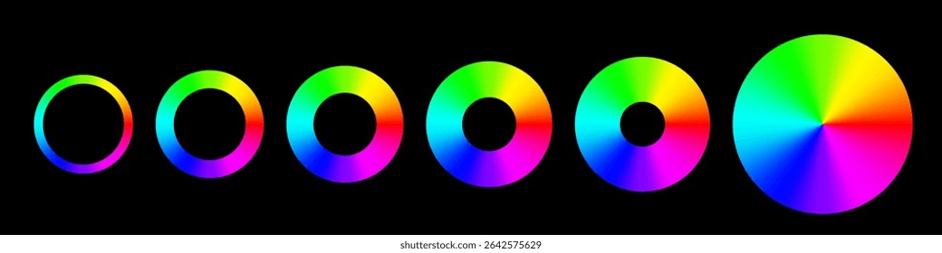 Color spectrum rings. Set of six circular gradients showing full RGB color wheel with varying inner radius. Colorful hue wheels on black background. Vector illustration.