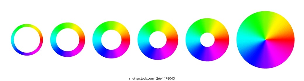 Farbspektrumringe. Satz von sechs kreisförmigen Farbverläufen mit vollem RGB-Farbrad mit variierendem Innenradius. Farbige Farbräder auf weißem Hintergrund. Vektorgrafik.