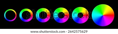 Color spectrum rings. Set of six circular gradients showing full RGB color wheel with varying inner radius. Colorful hue wheels on black background. Vector illustration.