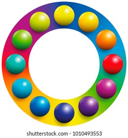 Color spectrum - twelve balls placed upon the respective complementary colors of a rainbow colored circle to increase their contrast. Illustration over white background.