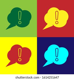 Color Speech bubble and Exclamation icon isolated on color background. FAQ sign. Copy files, chat speech bubble and chart.  Vector Illustration