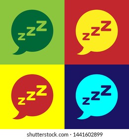 Color Speech bubble with snoring icon isolated on color background. Concept of sleeping, insomnia, alarm clock app, deep sleep, awakening.  Vector Illustration