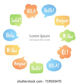 Color Speech bubbles Poster. Vector concept of bubbles in circle with place for text.  Hello in different languages: hi, hallo, hola.. Communication people concept. Illustration for language learning