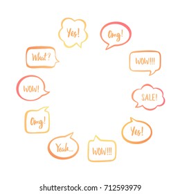 Color speech bubbles set with short messages of surprise and good news: yes, omg, wow, yeah.  Vector illustration in circle.
