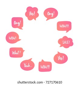 Color speech bubbles set with short messages of surprise and good news: yes, omg, wow, yeah. Vector illustration in circle