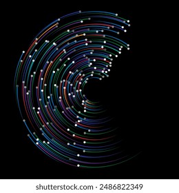Color speed lines with gray dots in spiral. Round logo or icon. Design element or abstract geometric shape like letter C.