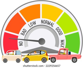 Color speedometer and cars with drivers. Tachometer with arrow and sectors isolated on white. Speedo with scales and pointers for measurement of speed and kilometers measuring instrument in automobile