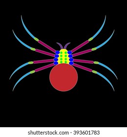 Color spider. Black  background.Vector illustration.