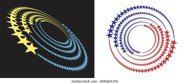 Espiral de color con cinco estrellas de esquina en círculo. Antecedentes y perspectiva de semitono. Símbolo Yin y Yang.