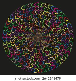 Color spiral pattern. Rainbow swirl shape. Dark background vector. Abstract vortex icon.