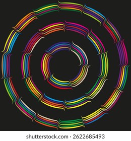 Color spiral vector. Bright curved shape. Black background texture. Rainbow motion ornament.