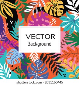 Color splash abstract background for design. Design banner frame. Colorful background with tropical plants. Place for your text.