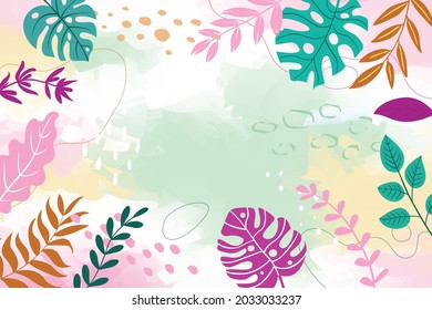 Color splash abstract background for design. Design banner frame. Colorful background with tropical plants. Place for your text.