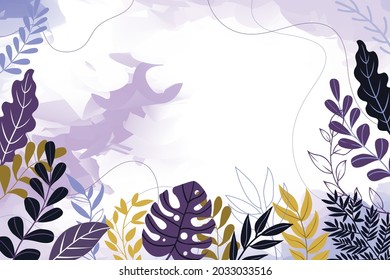 Color splash abstract background for design. Design banner frame. Colorful background with tropical plants. Place for your text.