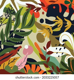 Color splash abstract background for design. Design banner frame. Colorful background with tropical plants. Place for your text.