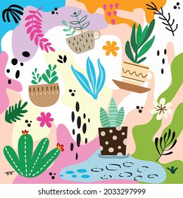 Color splash abstract background for design. Design banner frame. Colorful background with tropical plants. Place for your text.