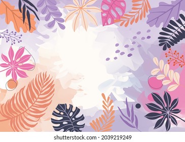 Farbspritzer abstrakter Hintergrund für Design. Bannerrahmen entwerfen. Farbiger Hintergrund mit tropischen Pflanzen. Stelle für deinen Text.