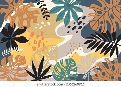 Color splash fondo abstracto para el diseño. Diseñar marco de banner. Fondo colorido con plantas tropicales. Coloca tu texto.