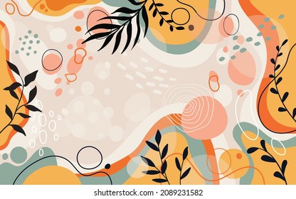 Farbspritzer abstrakter Hintergrund für Design. Bannerrahmen entwerfen. Farbiger Hintergrund mit tropischen Pflanzen. Stelle für deinen Text.
