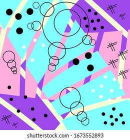 Color splash abstract cartoon background or playground banner design element. Vector overlay of colorful spotted geometric pattern, lines and dots.