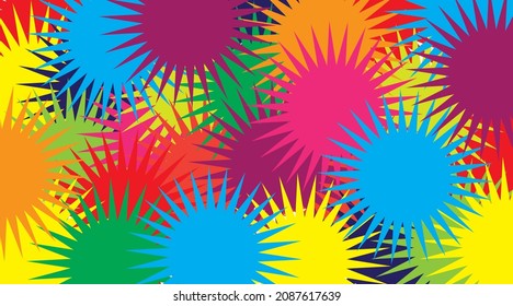 Color splash abstract cartoon background or children playground banner design element. Vector overlay colorful spotty pattern of geometric star and circle in trendy Memphis animation 80s-90s style