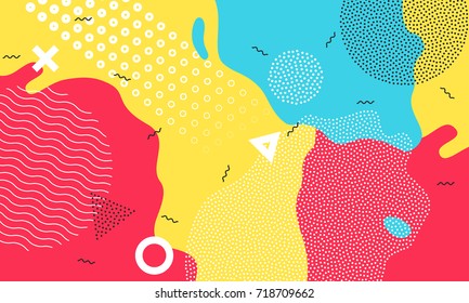 Color splash abstract cartoon background or children playground banner design element. Vector overlay colorful spotty pattern of geometric shape, line and dot in trendy Memphis animation 80s-90s style