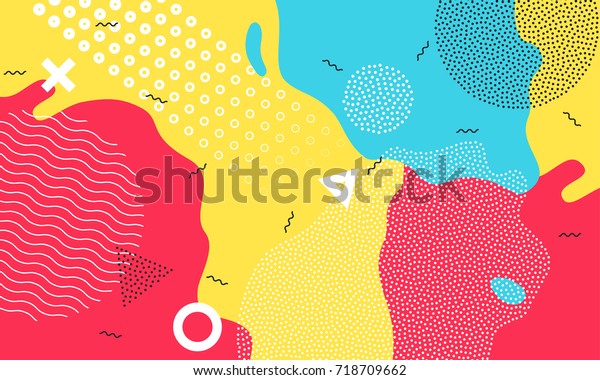 Color splash abstract cartoon background or\
children playground banner design element. Vector overlay colorful\
spotty pattern of geometric shape, line and dot in trendy Memphis\
animation 80s-90s style
