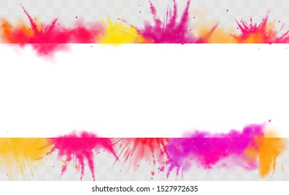 Color splash Holi powder paints empty banner mock up, vector horizontal border isolated on transparent background colorful cloud or explosion for traditional indian festival. Realistic 3d illustration