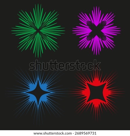 Color splash icons. Explosive firework symbols. Bright Vector elements. Festive celebration graphics. EPS 10.